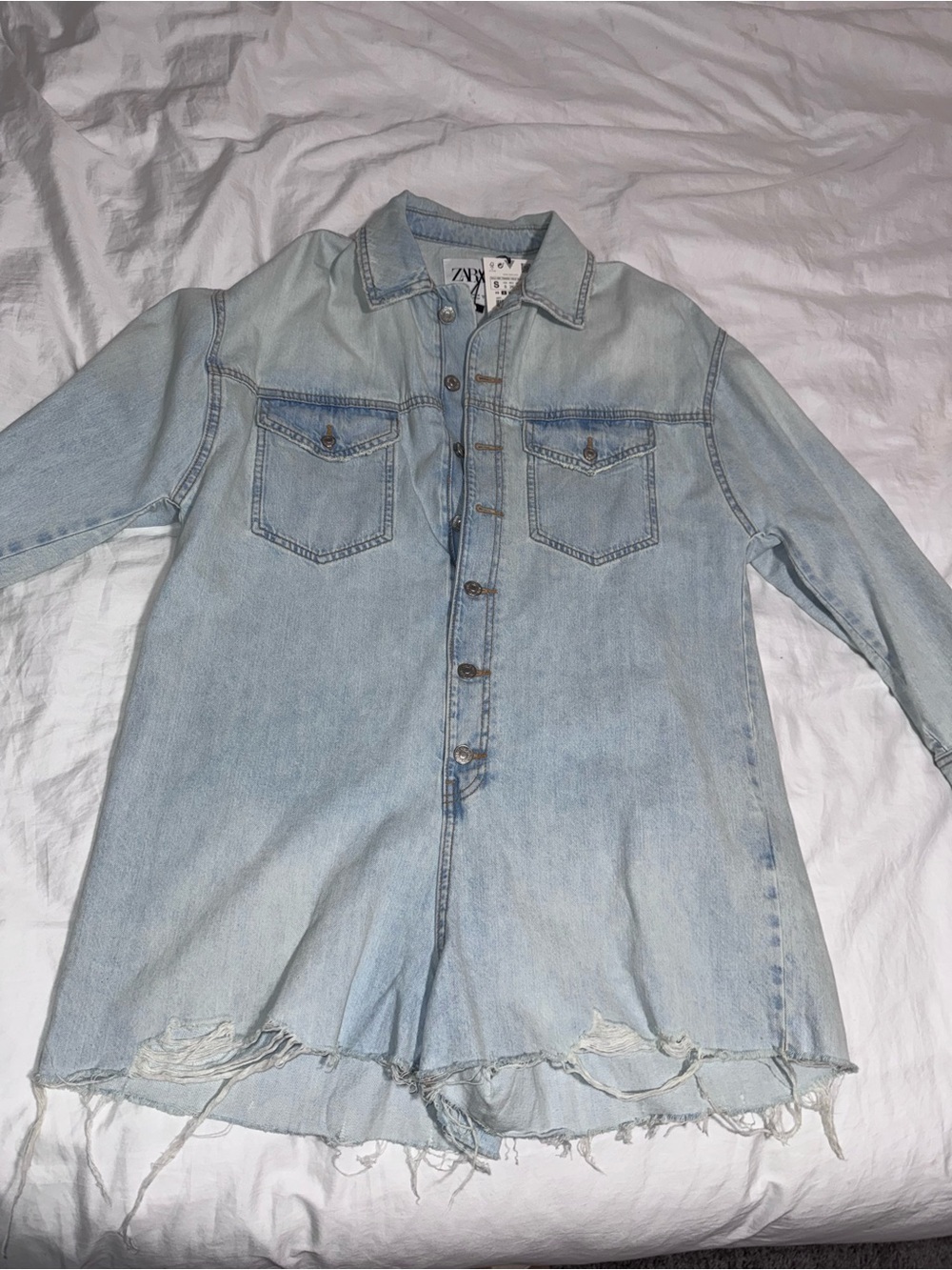 ZARA Light Wash Denim Shirt Dress - Light Blue